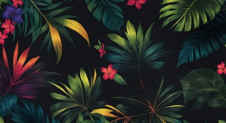 Fototapeta na wymiar Tropical leaves and flowers in the night style for men`s prints. Seamless vector jungle wallpaper pattern black background, generative, AI