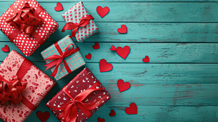 Obraz premium Table top view aerial image of decorations valentine's day holiday background concept. Flat lay essential items gift box with ribbon love season on modern wooden.copy space.