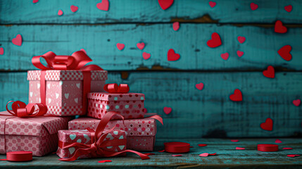 Gift boxs with red roses and hearts on a old wooden background