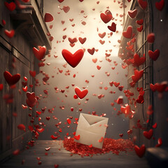 Valentine's day concept. Envelope with red hearts flying out of the door