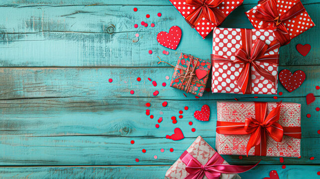 Table top view aerial image of decorations valentine's day holiday background concept. Flat lay essential items gift box with ribbon love season on modern wooden.copy space.