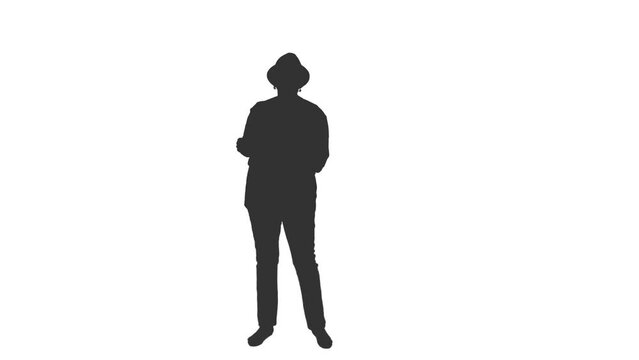 Silhouette of middle aged woman in hat dancing on transparent background, Full HD footage with alpha channel