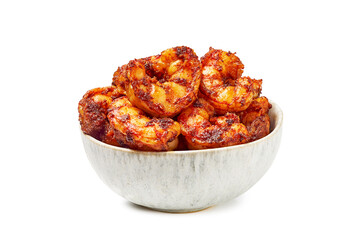 Bowl of fried shrimp on white