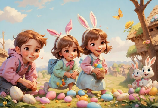 Group Of Happy Children Running To Pick Up Easter Eggs On Easter Egg Hunt outdoors