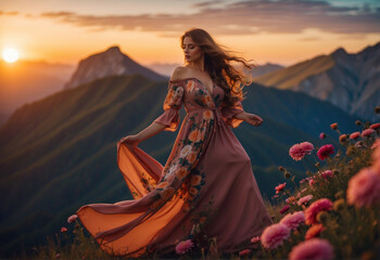 Fashion portrait of a young woman in fantasy dress in surreal settings. Ideal for fashion concepts, floral arrangements, beauty, elegance, and artistic designs.