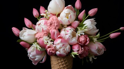 Naklejka na ściany i meble Ice-cream cone with pink tulips