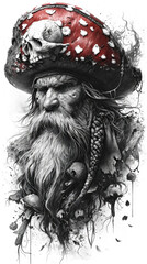 A black and white drawing of a pirate with flying toadstool hat.