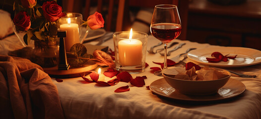 Fototapeta na wymiar a romantic dinner at home with candles soft music