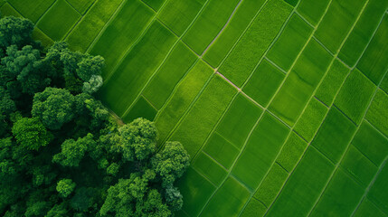 Campo de plantação verdes com árvores - Vista aérea 