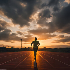 Rear view of runners running on the race track during sunset. Athletes running in sports clothes at the stadium in the evening. Man running for exercise.