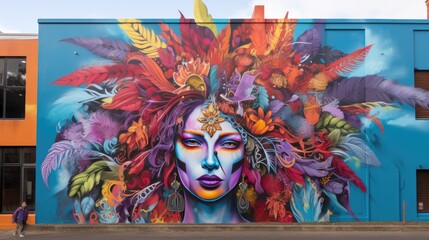 Colorful Mural Depicting Woman With Feathered Headpiece, Carnival Checked