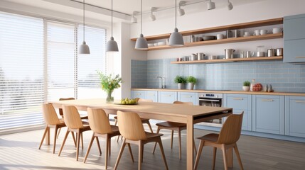 Table lighting blue cabinets in an open kitchen UHD wallpaper