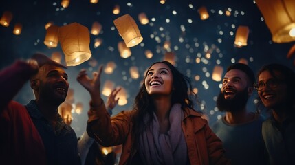 Group of People Standing in Front of Lanterns at Night,Happy New Year
