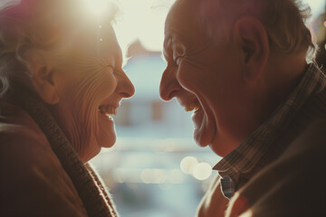 Elderly couple close-up, laughing joyfully with sunlight enhancing their happy expressions