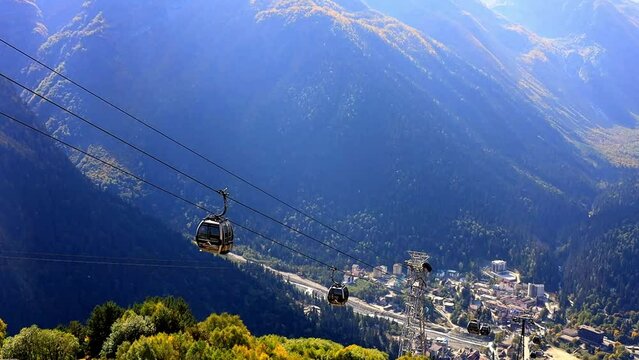 Cable Car In The Mountains, Tourist Holidays, Ski Lifts To The Top Of The Mountains, Blue Mountains In The Fog, Beautiful Landscape Of Mountain Peaks From Above, Panoramic View