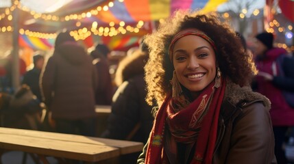 Smiling Woman With Scarf Poses for the Camera in Warm Attire,Happy New Year
