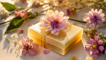 Obraz na płótnie Canvas Herbal soap bars with flowers and oil