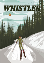 A men solo skiing in whistler mountain illustration. Snowboarding on whistler mountain Canada. Ski resort in the mountain poster design