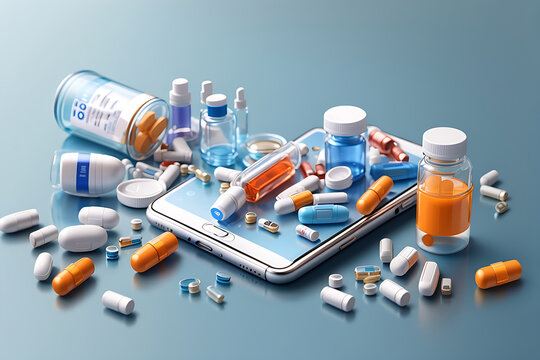 Online pharmacy. 3D, Advertisement of phone application for finding and ordering medicines designs. Realistic smartphone, capsules, pills, oral spray, pill jar. Horizontal template with text design.