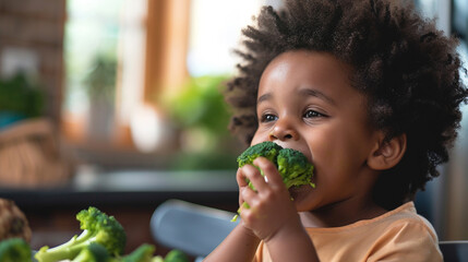 Child eats broccoli. selective focus. Generative AI,