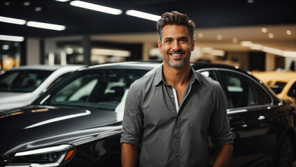 happy fun man customer male buyer client wearing shirt open door get into black car choose auto want to buy new automobile in showroom vehicle salon dealership store motor show