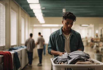 Male students doing laundry in dormitory - Powered by Adobe