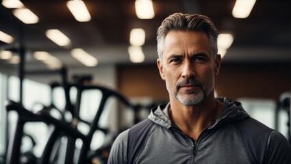 Portrait of a handsome middle-aged man in sportswear at the gym