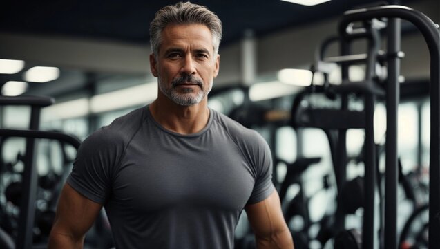 Portrait of a handsome middle-aged man in sportswear at the gym