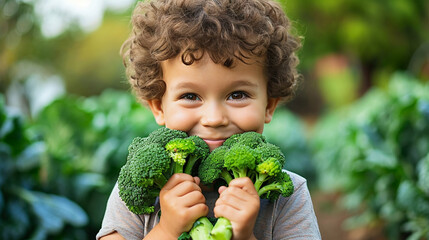 Child eats broccoli. selective focus. Generative AI, - obrazy, fototapety, plakaty