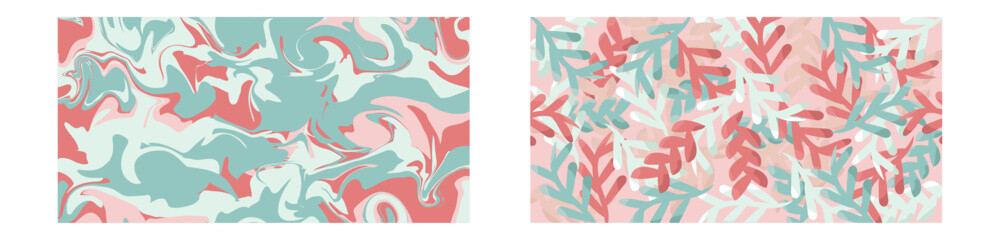 Obraz premium Two Abstract spring colorful hand-drawn doodle designs with branches and wavy chaotic on pink background. Bright red, pink and blue vector illustration for cards, business, banners, textile, wallpaper