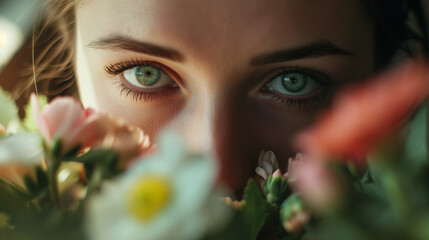 Close-up of a young woman's face covering her face with flowers. Portrait of a woman with natural makeup. Summer lifestyle. Blurred background, selective focus.