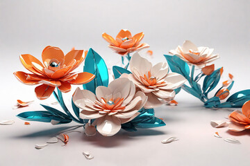 Paper flowers on a white background. 3d rendering, 3d illustration.