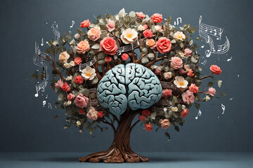 Human brain with flowers and music notes in the shape of a tree