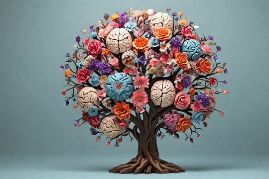 Creative brain tree made of colorful artificial flowers and leaves on blue background