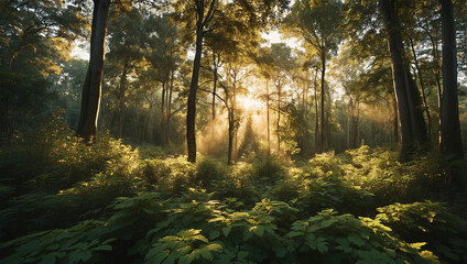 Scenic forest of fresh green with sunrays in the early morning