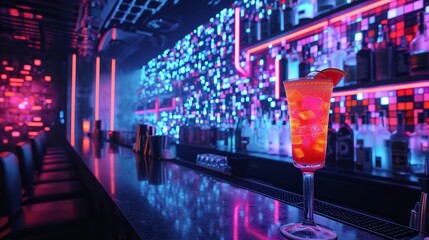 Cocktails in vibrant neon colors on a cyberpunk bar table with empty space, Generative AI.