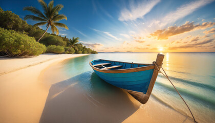 a small boat sits on the beach in sunset of the summer