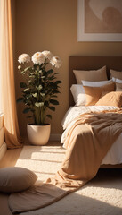 Fototapeta na wymiar a 3d rendered of a bedroom with flower pot in sunset soft light