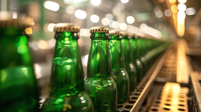 Green beer bottles being produced; a backdrop of factory, space, Generative AI.