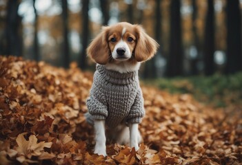 A dog wearing a sweater and playing with a pile of leaves