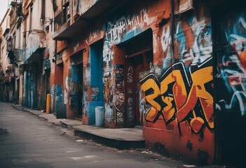 A urban streets with graffiti buildings and paint signs