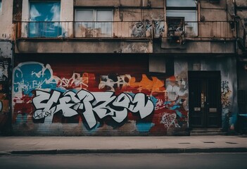 A urban style with graffiti tags on building wall