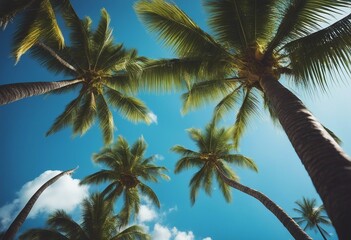 Fototapeta na wymiar Coconut palm trees against blue sky and beautiful beach
