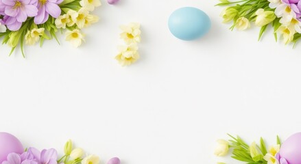 Easter greeting card with eggs and spring flowers. frame background, copy space. Easter card, generative, AI