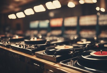 Retro Record Store Rows of Vinyl Records and Turntables from Yesteryears - obrazy, fototapety, plakaty