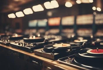 Afwasbaar Fotobehang Muziekwinkel Retro Record Store Rows of Vinyl Records and Turntables from Yesteryears