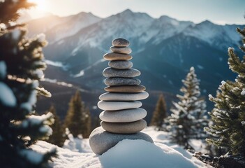 Stone tower in winter mountains Winter yoga theme