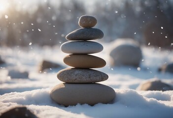 Obraz na płótnie Canvas Stone tower in winter Stones Balance Natural stones under the snow Winter yoga