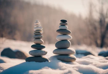 Schilderijen op glas Stone tower in winter Stones Balance Natural stones under the snow Winter yoga © ArtisticLens