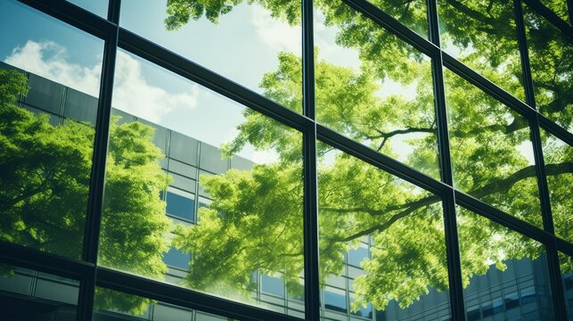 Fototapeta Office window view with reflection of green tree environment